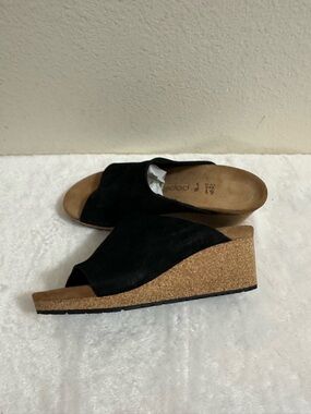 Papillio Black Suede Cork Wedge Slide Mules